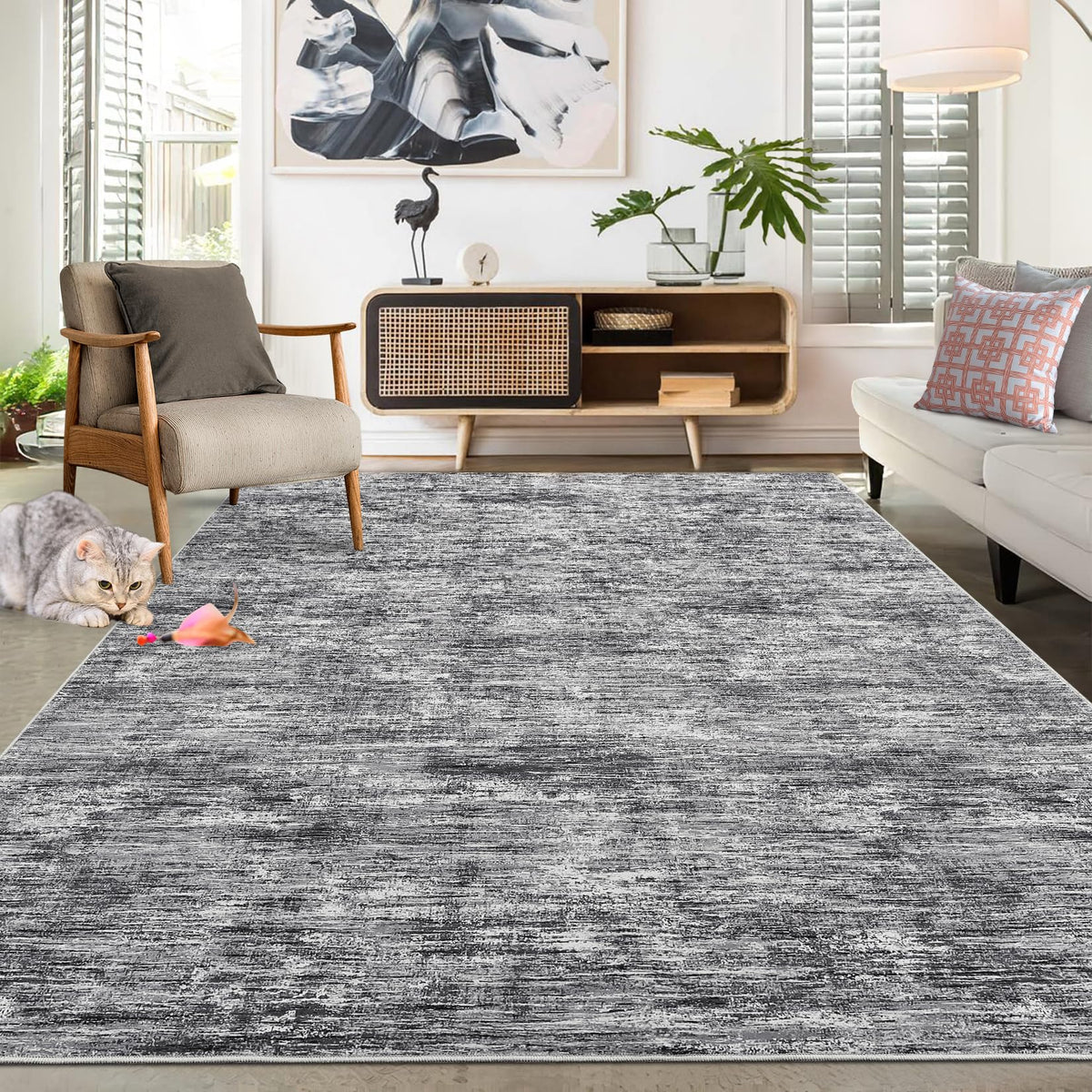 RUGSREAL Bedroom Area Rug 4x6 Modern Abstract Area Rug Stain Resistant Small Living Room Rug Contemporary Dining Room Rug Non-Slip Solid Rug Aesthetic Accent Floor Carpet for Kitchen Office, Dark Grey