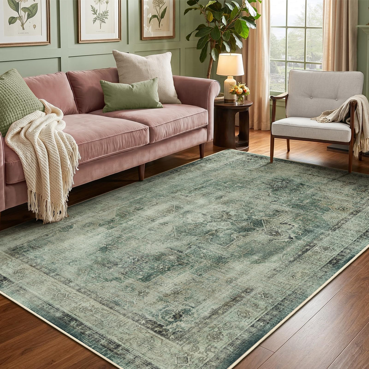 Vintage Dark Green Area Rugs 5x7 for Living Room, Tranditional Distressed Medallion Printed Low Pile Thin Rugs for Bedroom, Non Slip Washable Carpet Rugs for Dining Room/Kitchen/Home Office