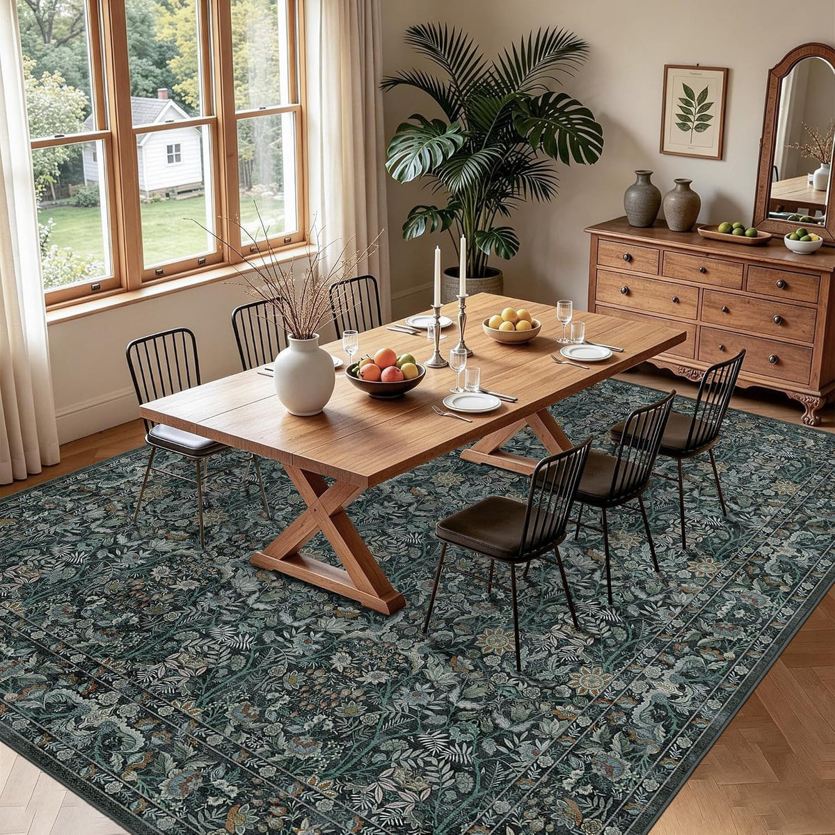 Vintage Botanical Area Rug 8x10: Floral Carpet Non-Slip - Dark Green