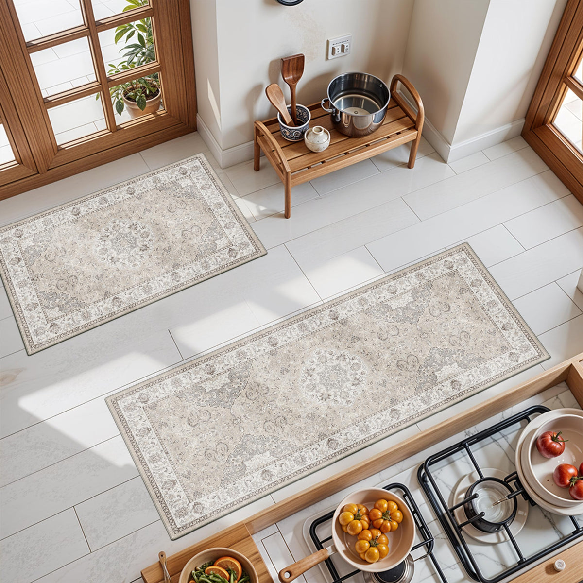Hallway Washable Runner Rug - 2x10 Kitchen Rugs Entryway Rug Runner Vintage Soft Floor Mat Non Slip Indoor Farmhouse Carpet for Bathroom Living Room Bedroom (2 X 10, Beige)