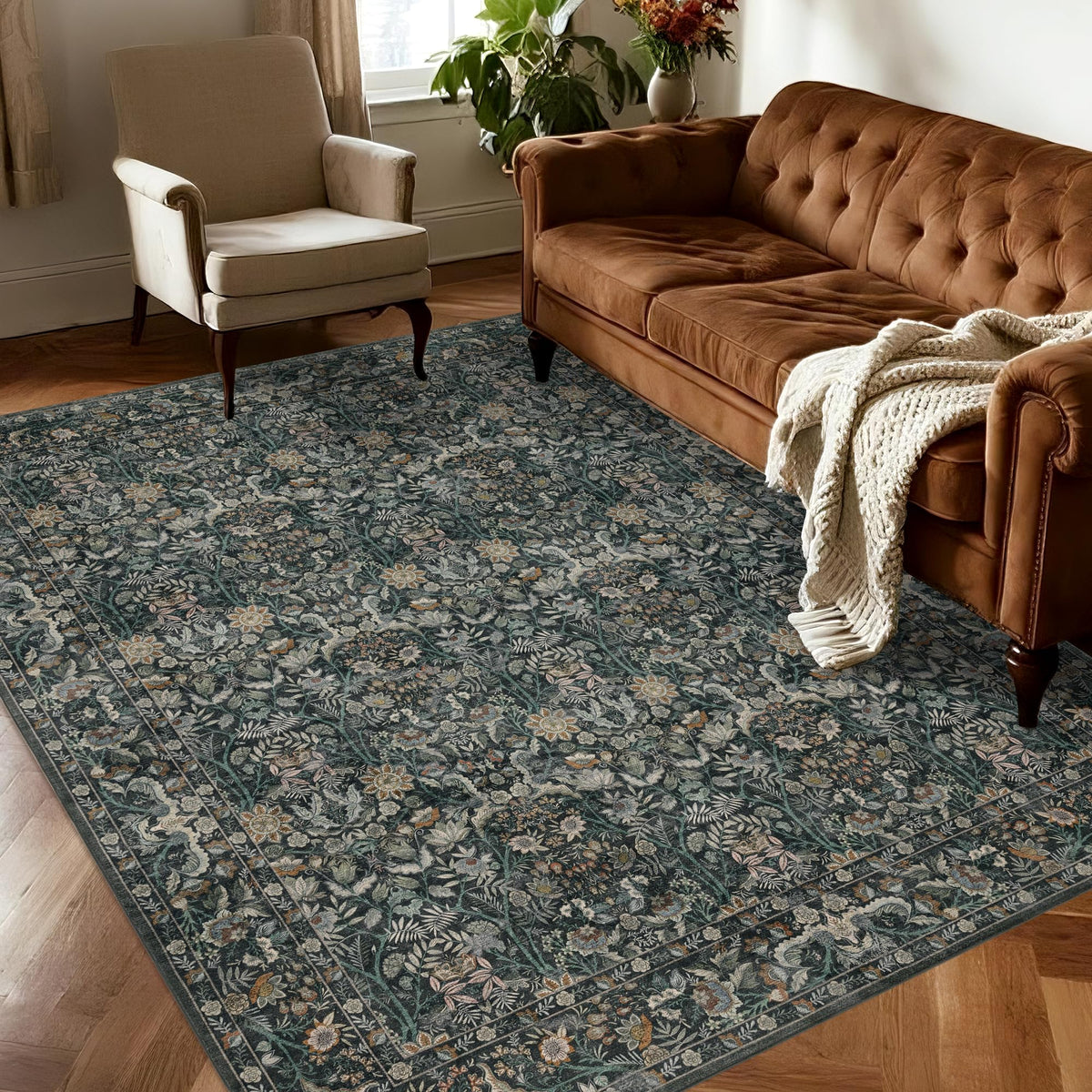 Vintage Botanical Area Rug 8x10: Floral Carpet Non-Slip - Dark Green