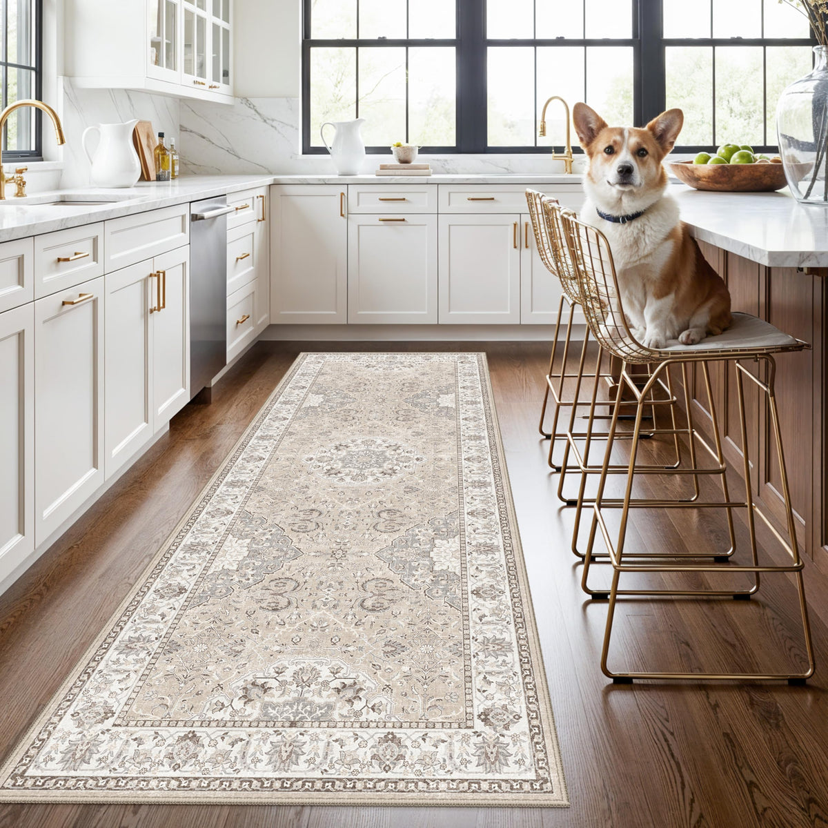Hallway Washable Runner Rug - 2x10 Kitchen Rugs Entryway Rug Runner Vintage Soft Floor Mat Non Slip Indoor Farmhouse Carpet for Bathroom Living Room Bedroom (2 X 10, Beige)