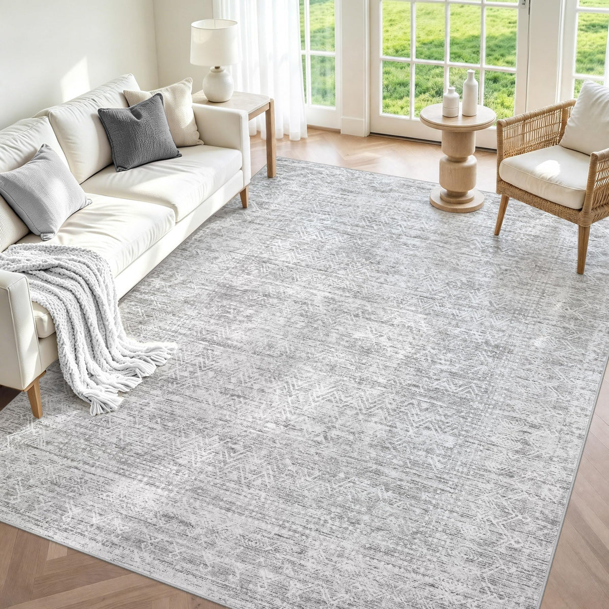 6x9 Area Rugs, Beige Washable Geometric Boho Rug for Living Room, Bedroom