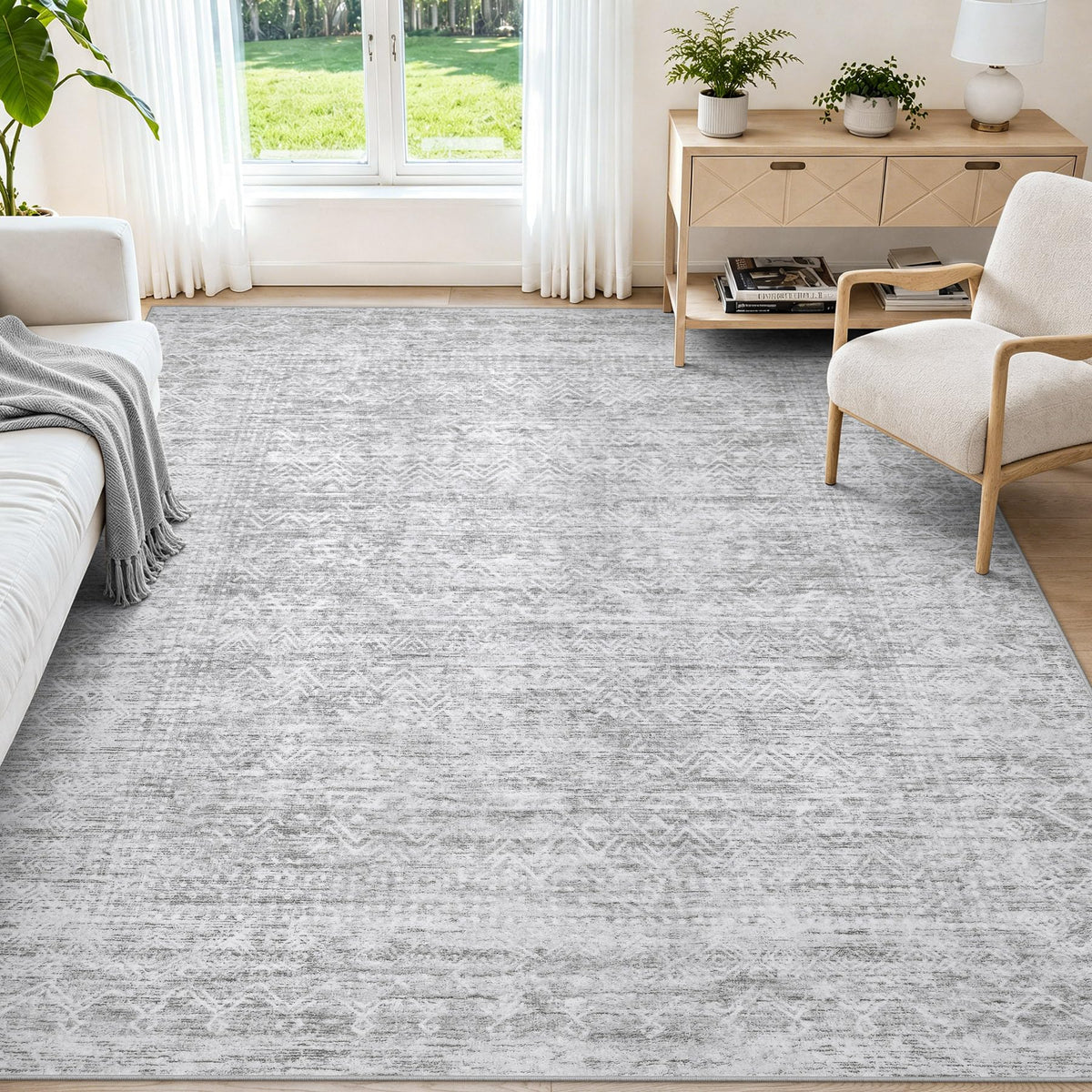 6x9 Area Rugs, Beige Washable Geometric Boho Rug for Living Room, Bedroom