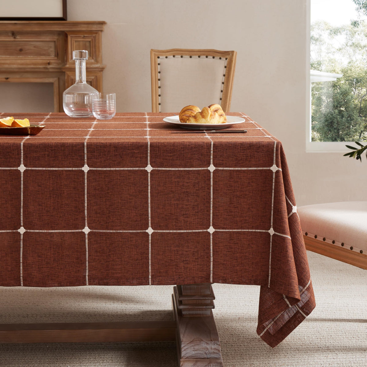 ZeeMart Grid Embroidered Rectangle Hemmed Tablecloths 60x120in, Blue