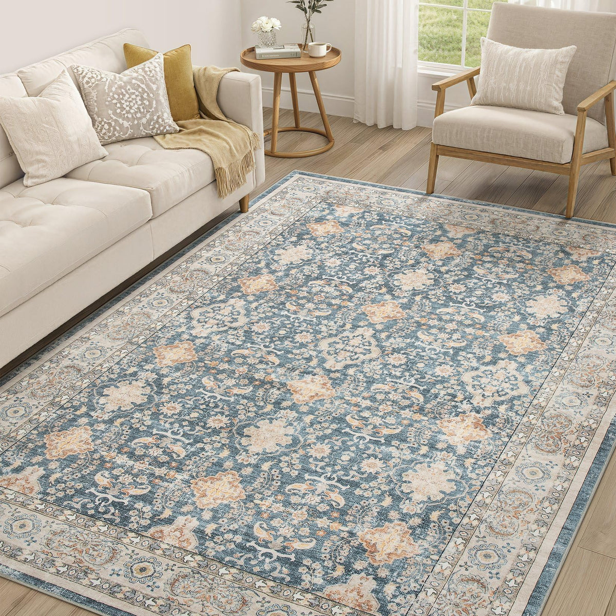 cotiled 5x7 Area Rug for Living Room, Washable, Traditional, Beige