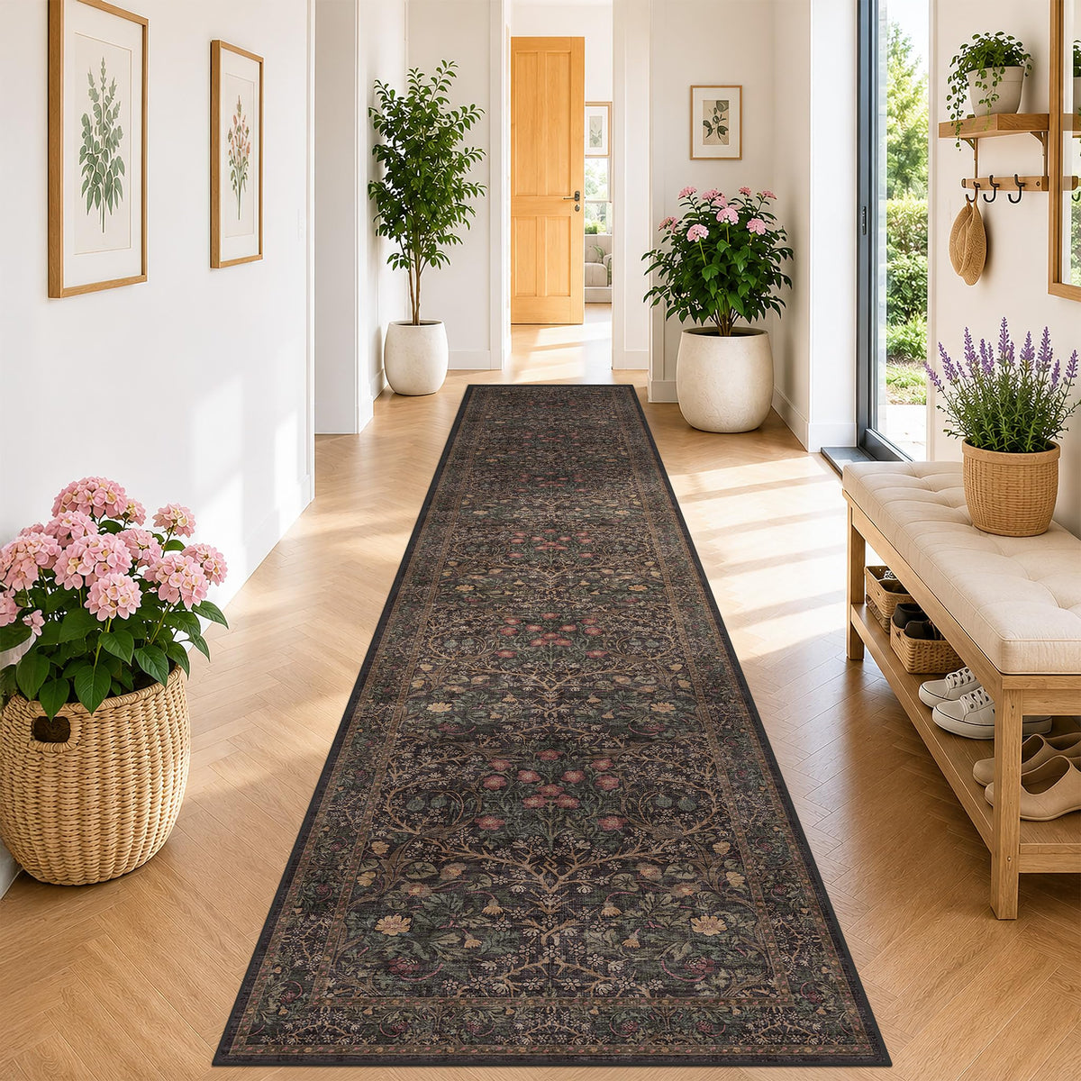 Vintage Floral Dark Green 3x5 Area Rugs for Entryway, Kitchen, Bedroom Beside Rug, Laundry Room, Non-Slip Low Pile Ultra Soft Stain Resistant Small Carpet