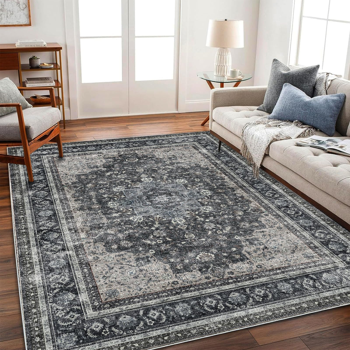 CHAMPLANT 6'x9' Washable Vintage Area Rug Boho Chic Medallion Distressed Design Non-Shedding Easy Care Ideal for High Traffic Areas in Living Room Bedroom Kitchen Office Large Carpet