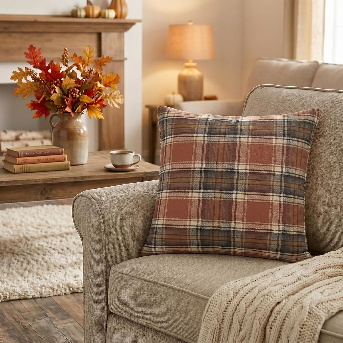 AVOIN colorlife Fall Caramel Brown Plaid Decorative Throw Pillow Covers, 18 x 18 Inch Holiday Scottish Tartan Cushion Case Farmhouse Decoration for Sofa Couch Set of 2