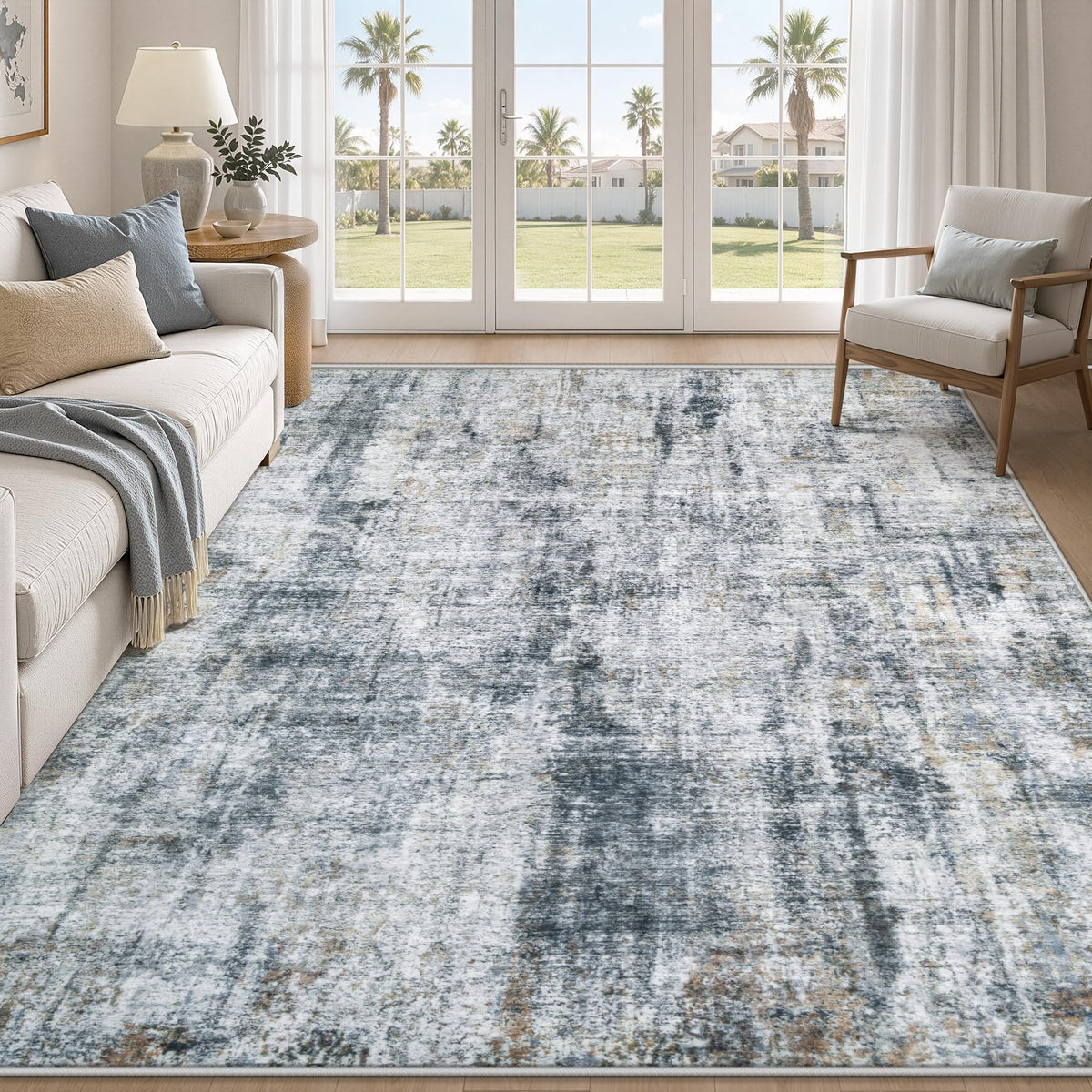 MXSANYOO 8x10 Area Rugs Washable Rug: Abstract Neutral Rugs Modern Non Slip Area Rug Stain Resistant Low Pile Indoor Carpet for Dining Room Bedroom Nursery Office (Multi Blue, 8'x10')