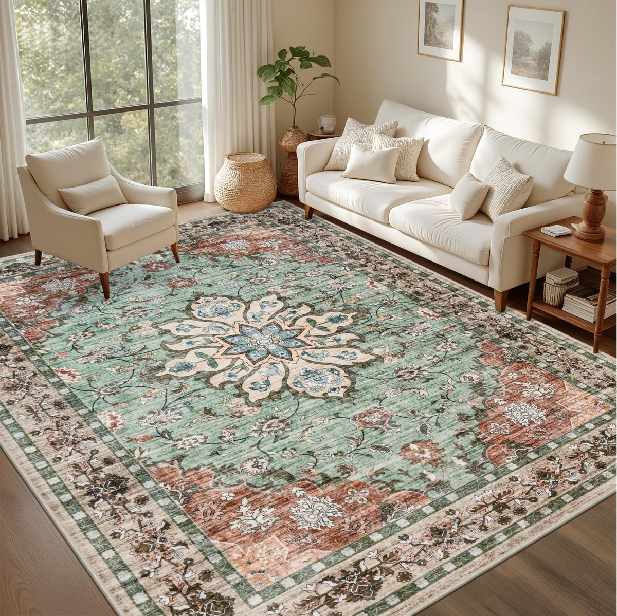 5x7 Area Rugs Living Room: Washable Vintage Rug for Bedroom Beige