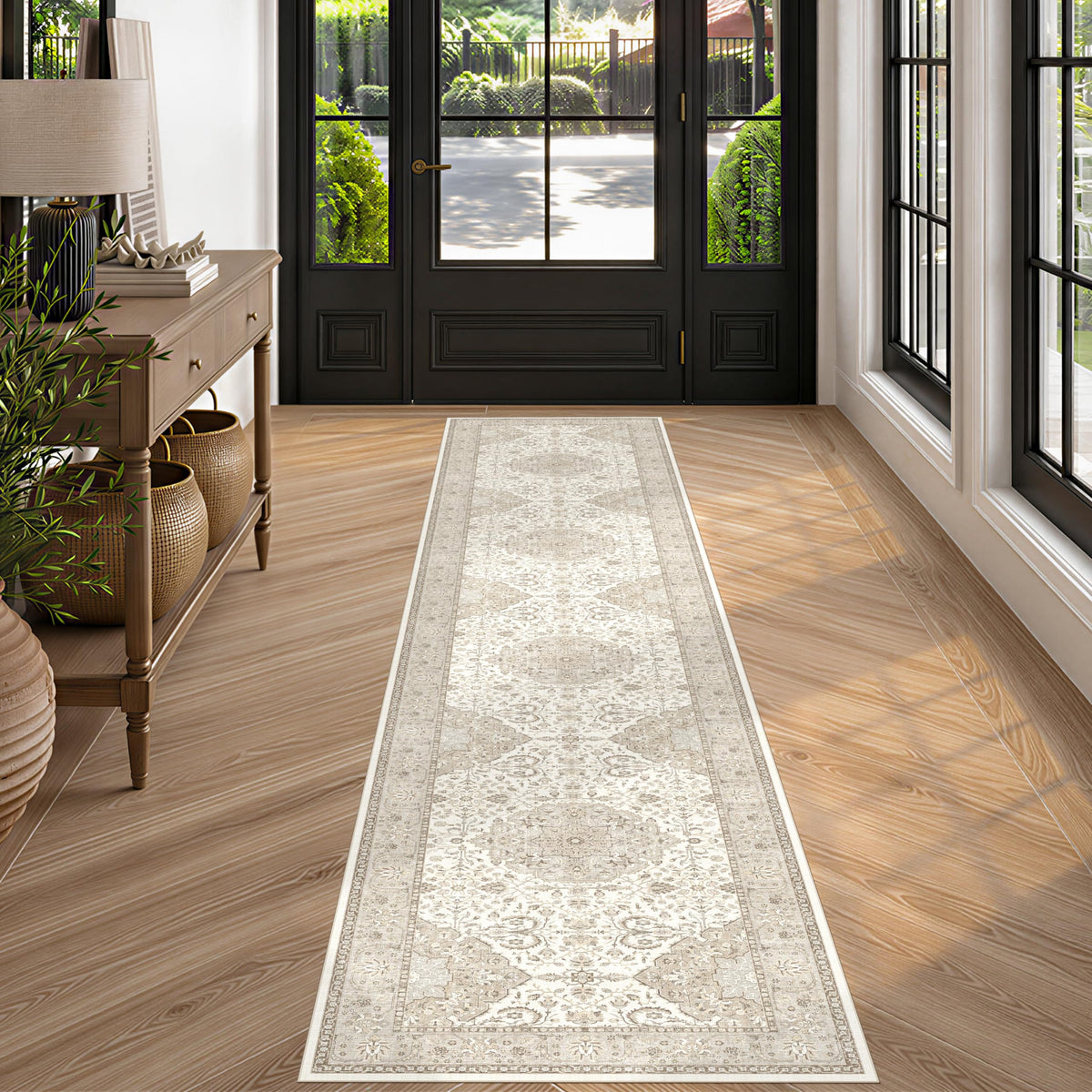 Hallway Washable Runner Rug - 2x10 Kitchen Rugs Entryway Rug Runner Vintage Soft Floor Mat Non Slip Indoor Farmhouse Carpet for Bathroom Living Room Bedroom (2 X 10, Beige)