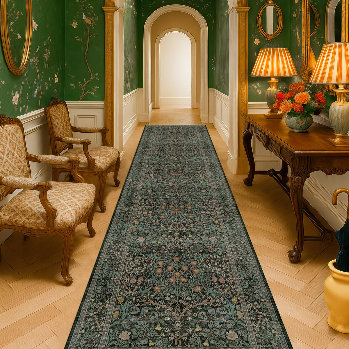 Vintage Floral Dark Green 3x5 Area Rugs for Entryway, Kitchen, Bedroom Beside Rug, Laundry Room, Non-Slip Low Pile Ultra Soft Stain Resistant Small Carpet