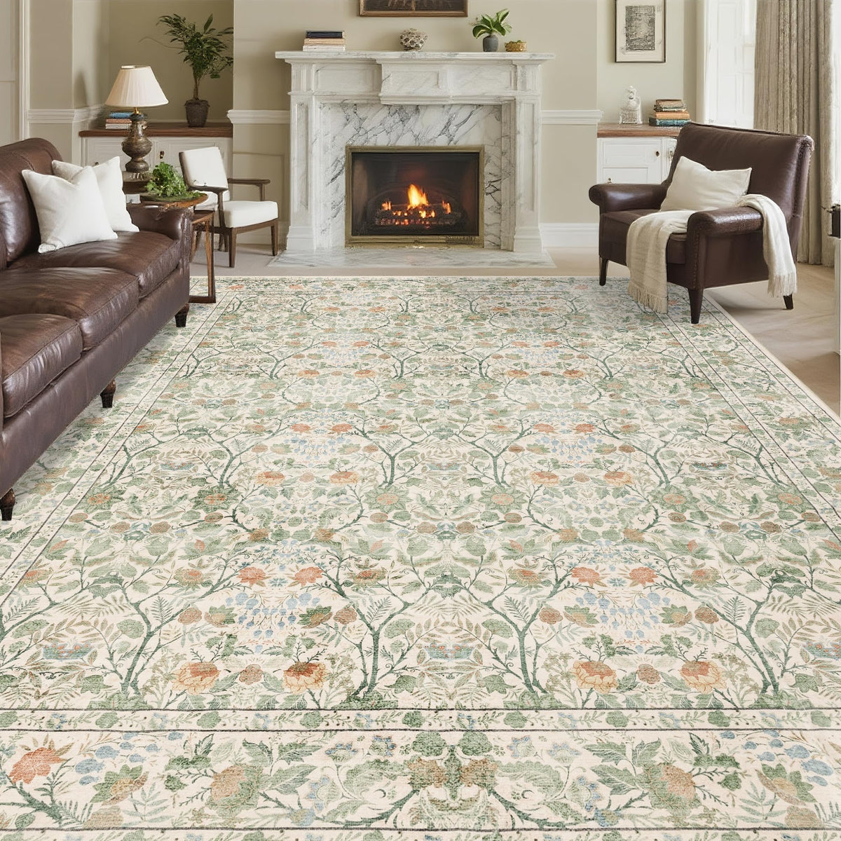 Vintage Botanical Area Rug 8x10: Floral Carpet Non-Slip - Dark Green