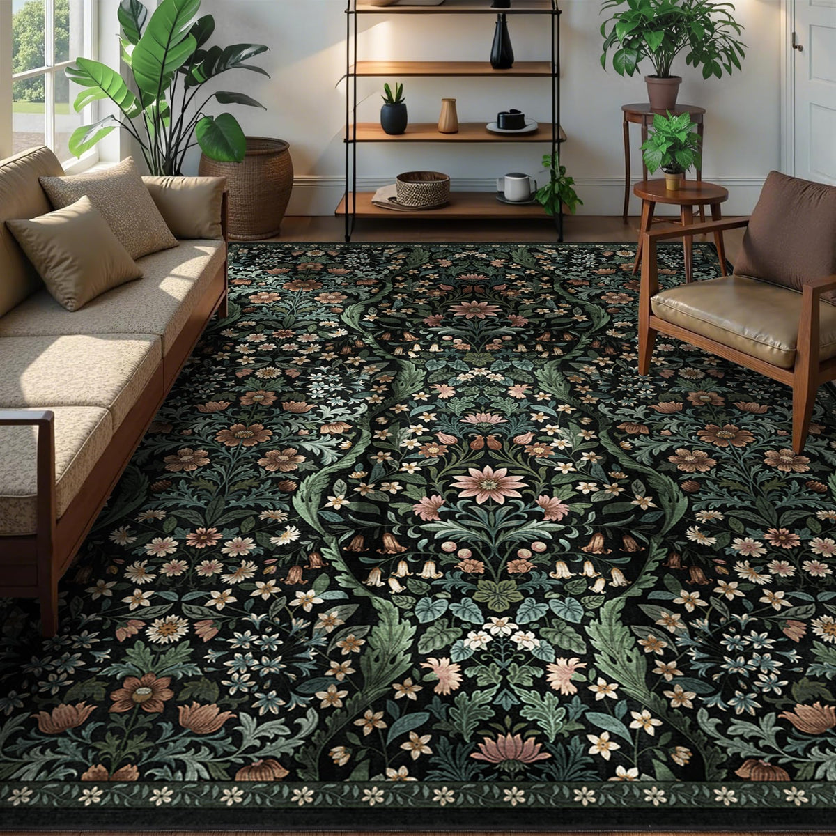 Floral Area Rug 5x7 Botanical Washable Carpet for Living Room