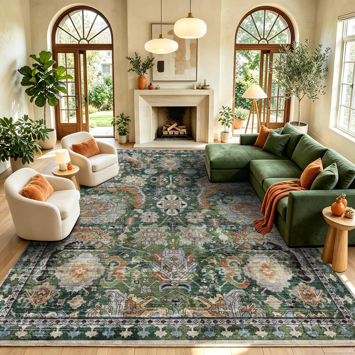 RUGSURE Washable Area Rugs - Perfect for Living Room, Bedroom, Kids Room, Nursery - Stain & Water Resistant Non-Slip, Pet & Child Friendly, Vintage Tribal Area Rugs (Green, 5' x 7')