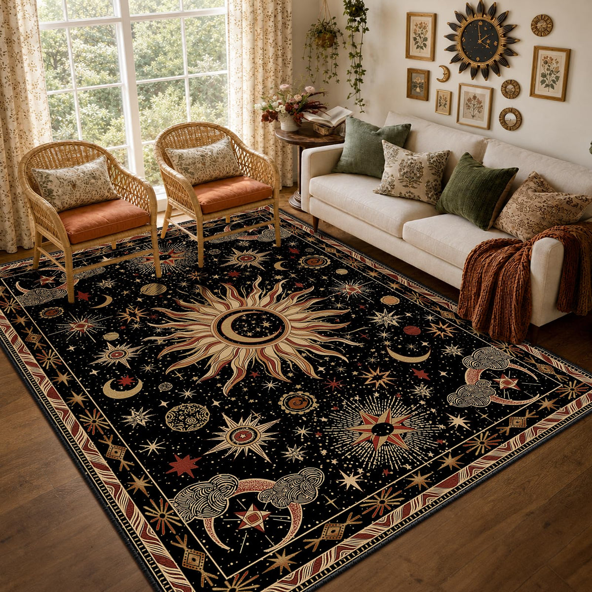 Vacuum-Friendly, 5x7 Washable Area Rug, Black Gold Beige Red