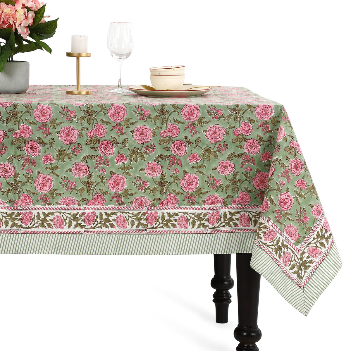 CPC Tablecloth 100% Cotton 70x108 Inch Indian Block Print Rectangle Table Cover, Blue Table Cloth for Weddings, Spring/Summer, Barbeque - Apatite Blue