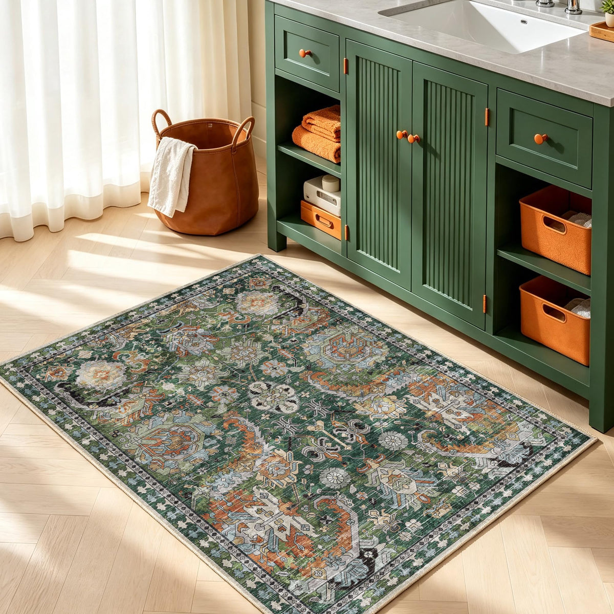 RUGSURE Washable Area Rugs - Perfect for Living Room, Bedroom, Kids Room, Nursery - Stain & Water Resistant Non-Slip, Pet & Child Friendly, Vintage Tribal Area Rugs (Green, 5' x 7')