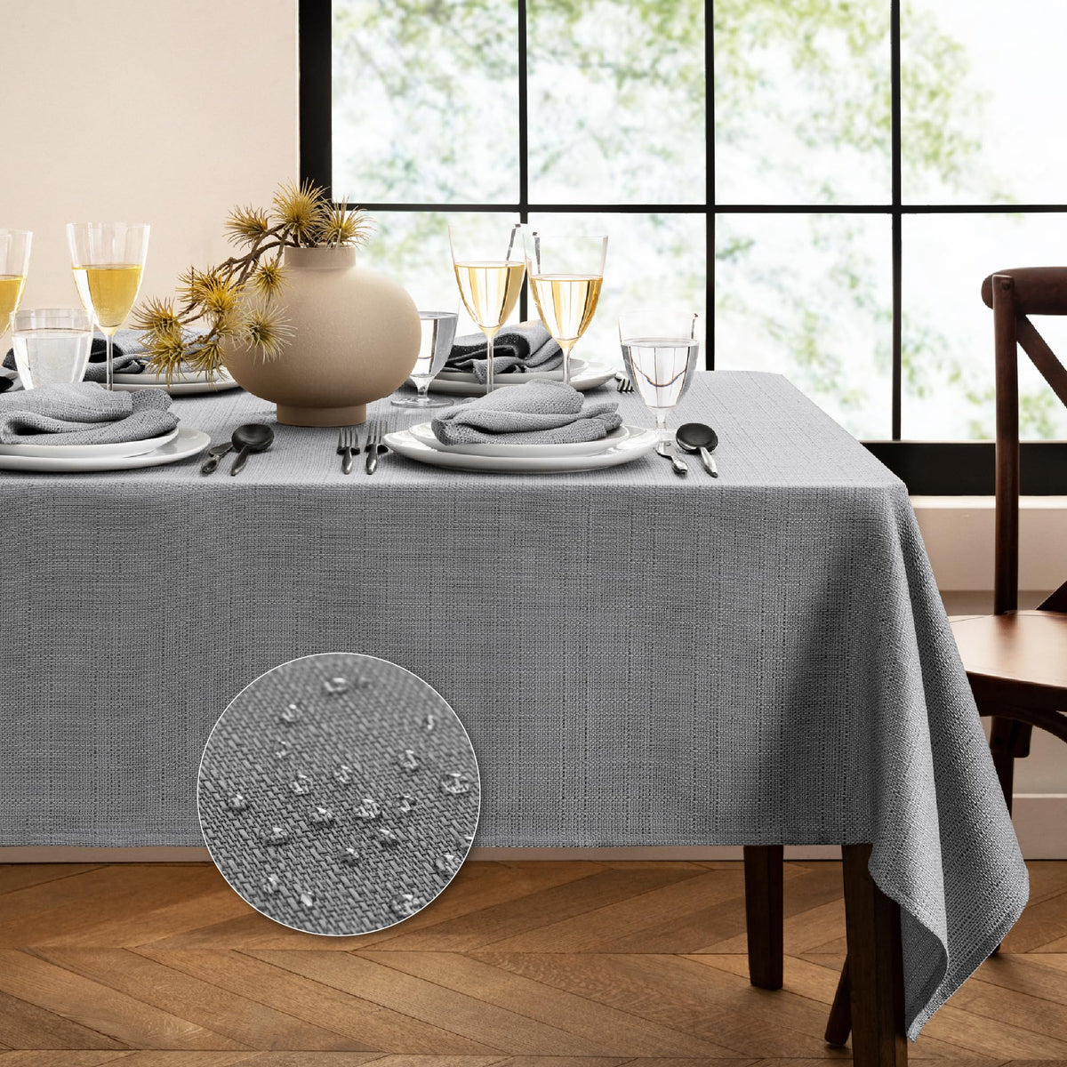 Elrene Home Fashions Laurel Solid Texture Water and Stain Resistant Tablecloth, 90" Round, Gray