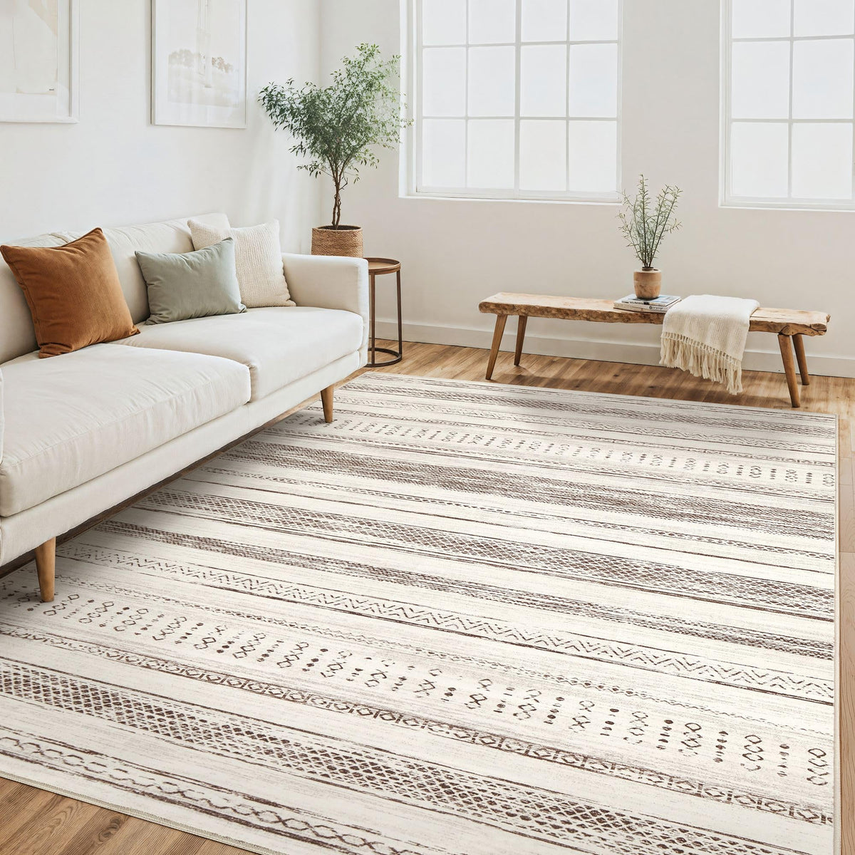 Tortania Area Rug Living Room Rugs - 5x7 Washable Large Soft Neutral Boho Moroccan Bohemian Farmhouse Rug Indoor Floor Carpet for Bedroom Under Dining Table Home Office Decor - Cream Brown