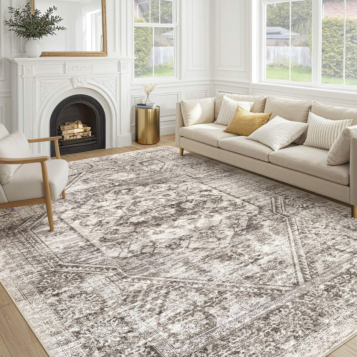 cotiled 5x7 Area Rug for Living Room, Washable, Traditional, Beige