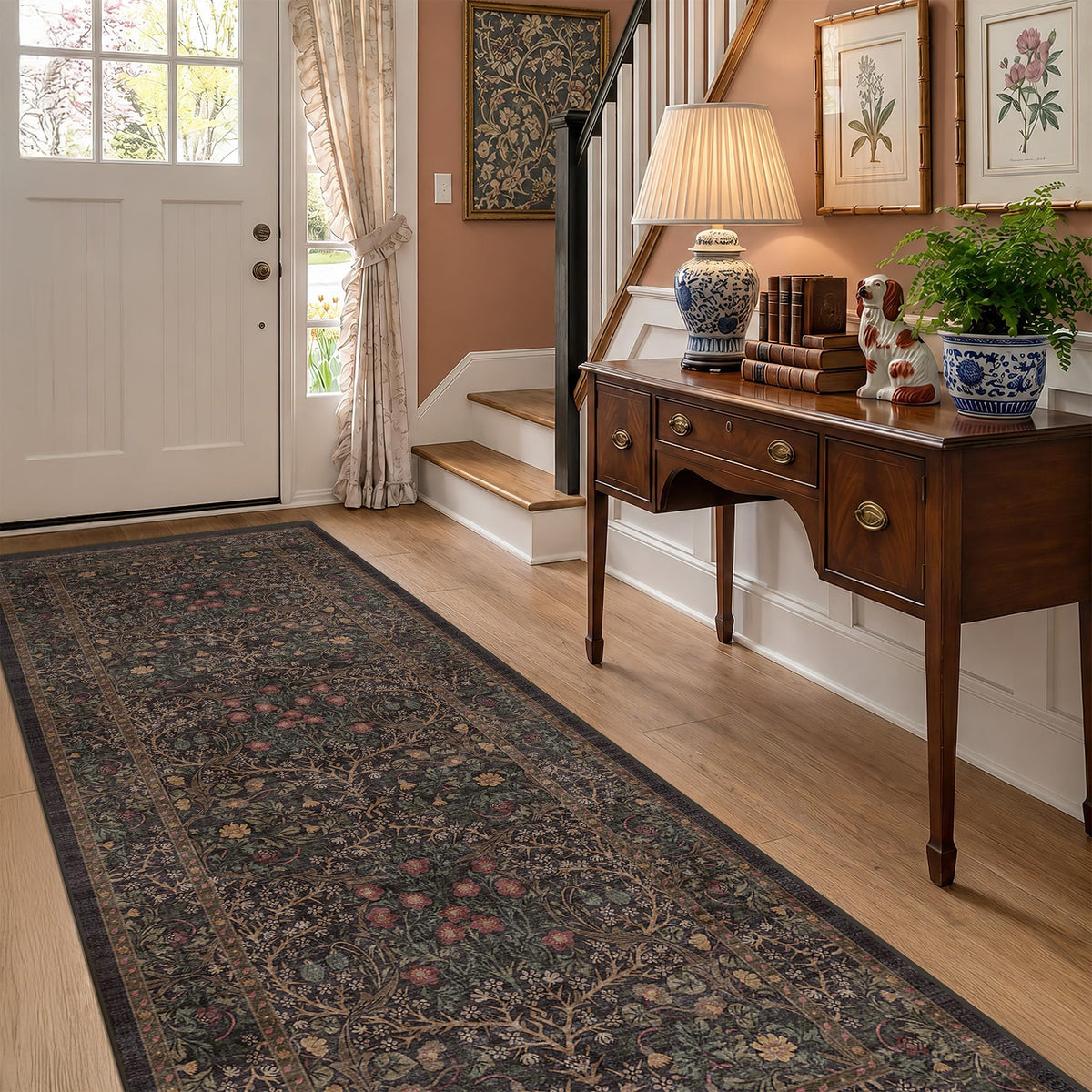 Vintage Floral Dark Green 3x5 Area Rugs for Entryway, Kitchen, Bedroom Beside Rug, Laundry Room, Non-Slip Low Pile Ultra Soft Stain Resistant Small Carpet