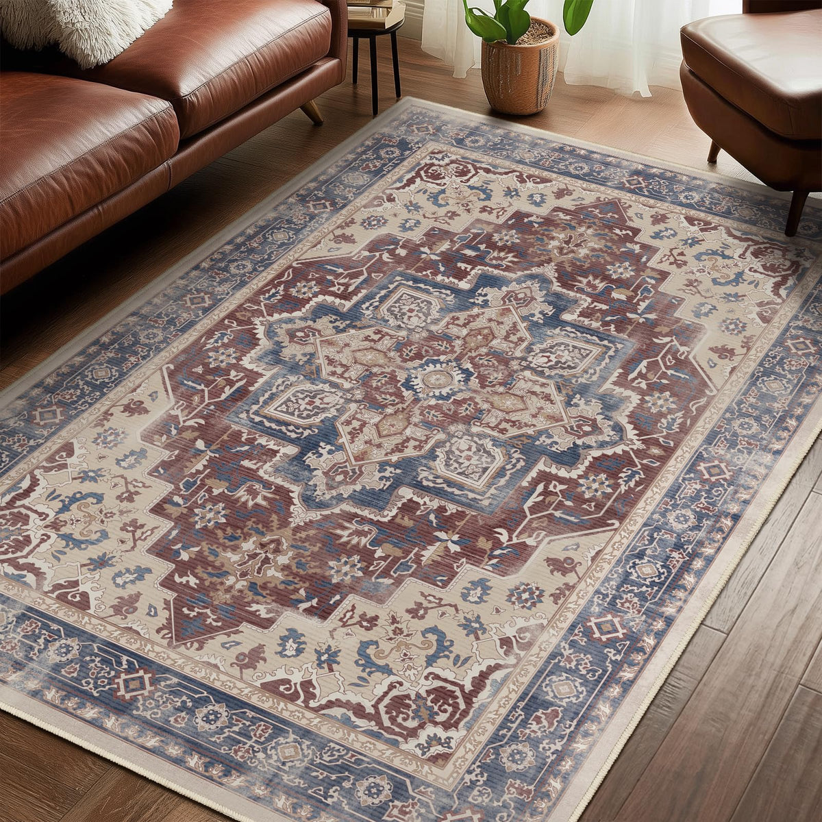 Vintage Dark Green Area Rugs 5x7 for Living Room, Tranditional Distressed Medallion Printed Low Pile Thin Rugs for Bedroom, Non Slip Washable Carpet Rugs for Dining Room/Kitchen/Home Office