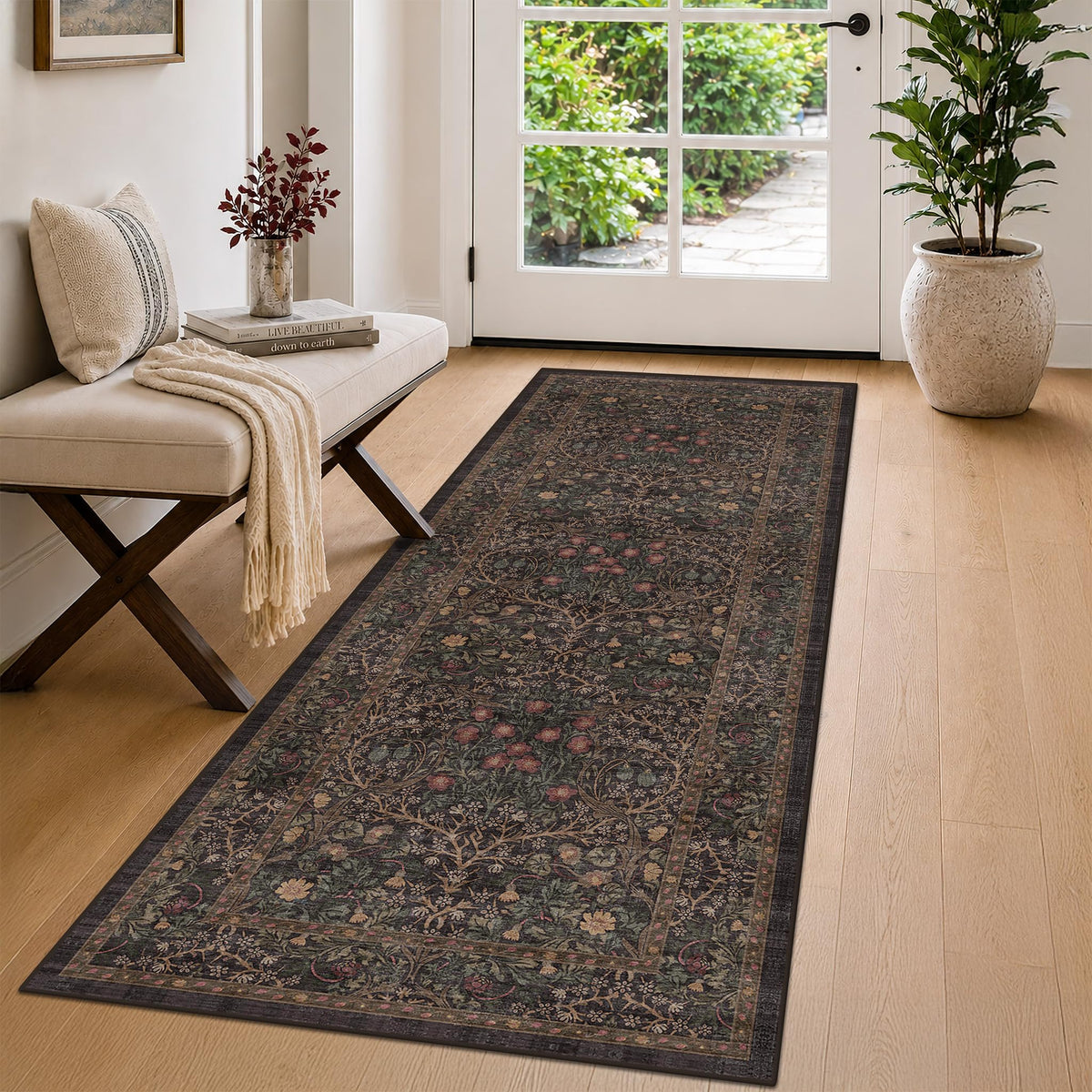 Vintage Floral Dark Green 3x5 Area Rugs for Entryway, Kitchen, Bedroom Beside Rug, Laundry Room, Non-Slip Low Pile Ultra Soft Stain Resistant Small Carpet