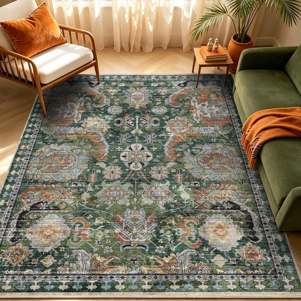 RUGSURE Washable Area Rugs - Perfect for Living Room, Bedroom, Kids Room, Nursery - Stain & Water Resistant Non-Slip, Pet & Child Friendly, Vintage Tribal Area Rugs (Green, 5' x 7')