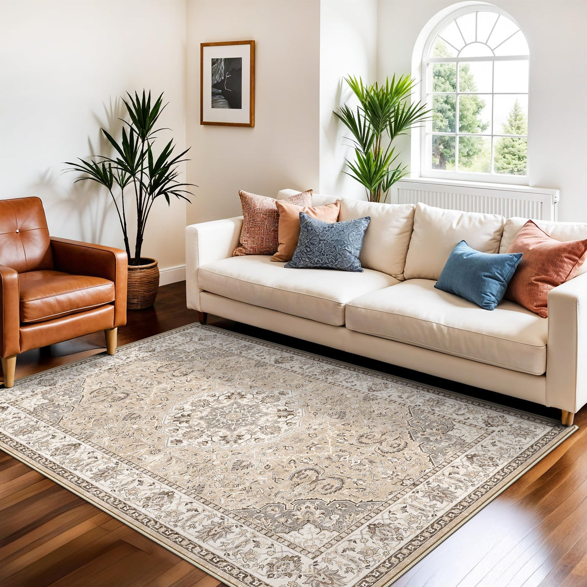Hallway Washable Runner Rug - 2x10 Kitchen Rugs Entryway Rug Runner Vintage Soft Floor Mat Non Slip Indoor Farmhouse Carpet for Bathroom Living Room Bedroom (2 X 10, Beige)