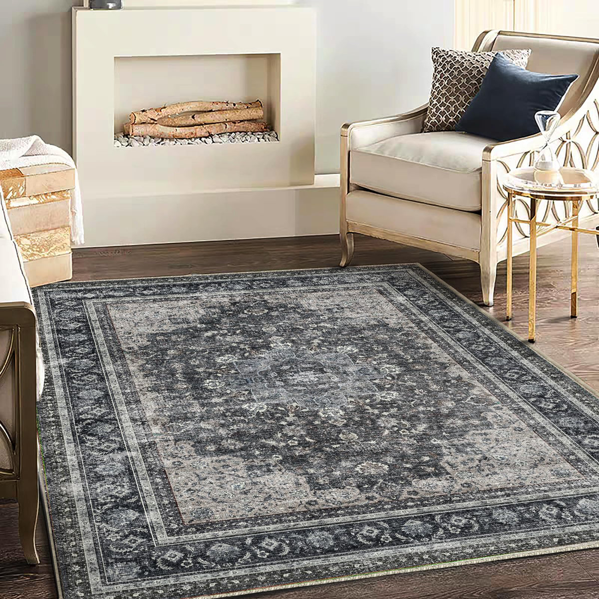 CHAMPLANT 6'x9' Washable Vintage Area Rug Boho Chic Medallion Distressed Design Non-Shedding Easy Care Ideal for High Traffic Areas in Living Room Bedroom Kitchen Office Large Carpet