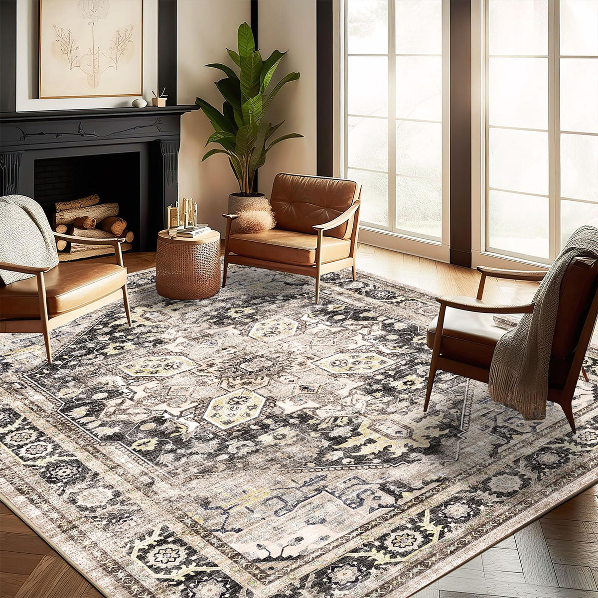 CHAMPLANT 6'x9' Washable Vintage Area Rug Boho Chic Medallion Distressed Design Non-Shedding Easy Care Ideal for High Traffic Areas in Living Room Bedroom Kitchen Office Large Carpet