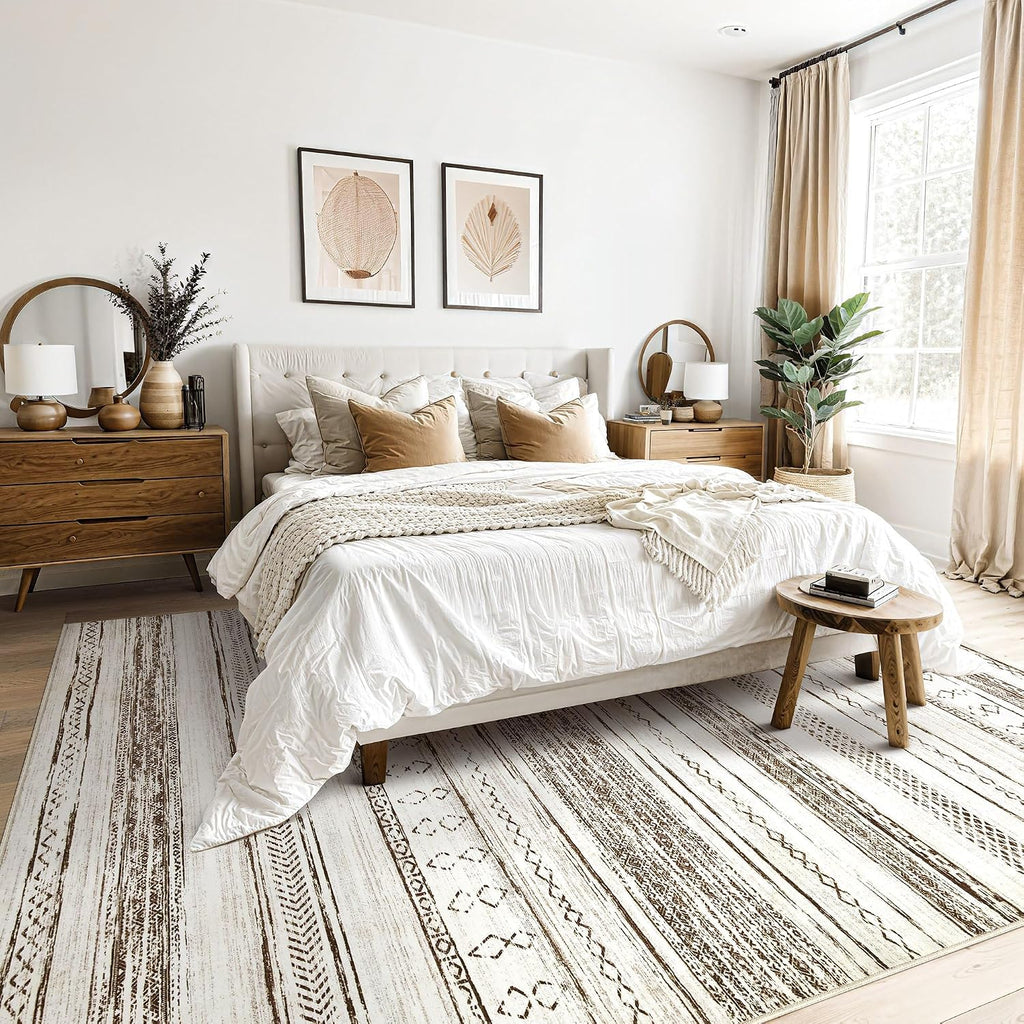 Tortania Area Rug Living Room Rugs - 5x7 Washable Large Soft Neutral Boho Moroccan Bohemian Farmhouse Rug Indoor Floor Carpet for Bedroom Under Dining Table Home Office Decor - Cream Brown