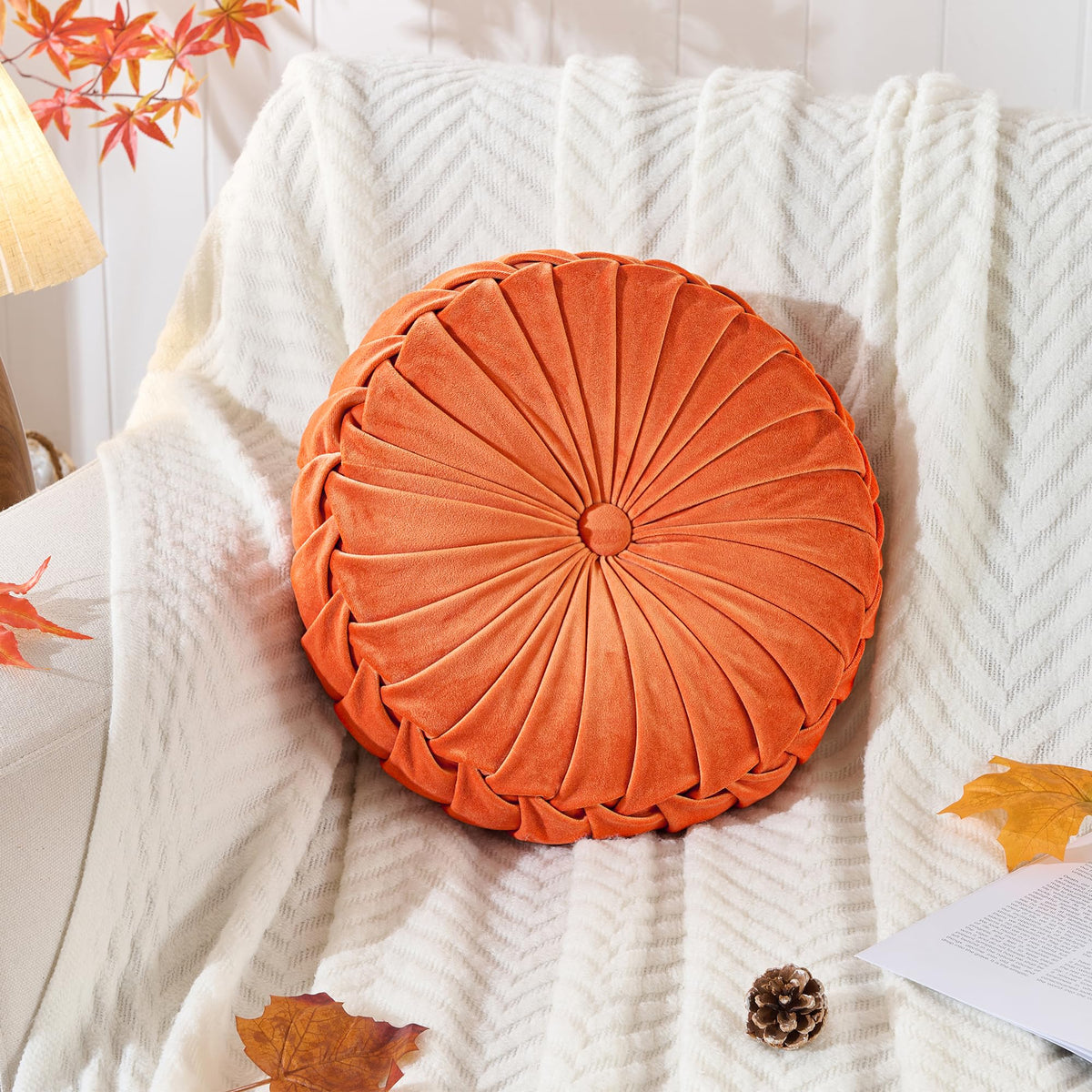 ROSE&RISY Round Pleated Velvet Throw Pillow, 1 Pack Decorative Accent Pumpkin Pillow Cushion for Couch Sofa Bed, Soft Plush Retro Vanity Throw Pillows for Home Decor, 14.5 Inch, Olive Green