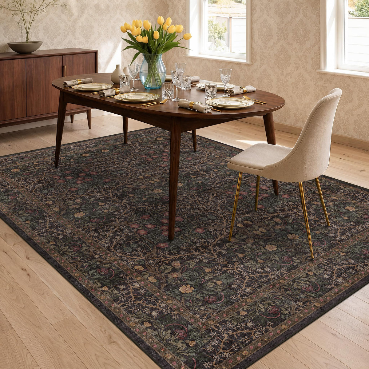 Vintage Floral Dark Green 3x5 Area Rugs for Entryway, Kitchen, Bedroom Beside Rug, Laundry Room, Non-Slip Low Pile Ultra Soft Stain Resistant Small Carpet