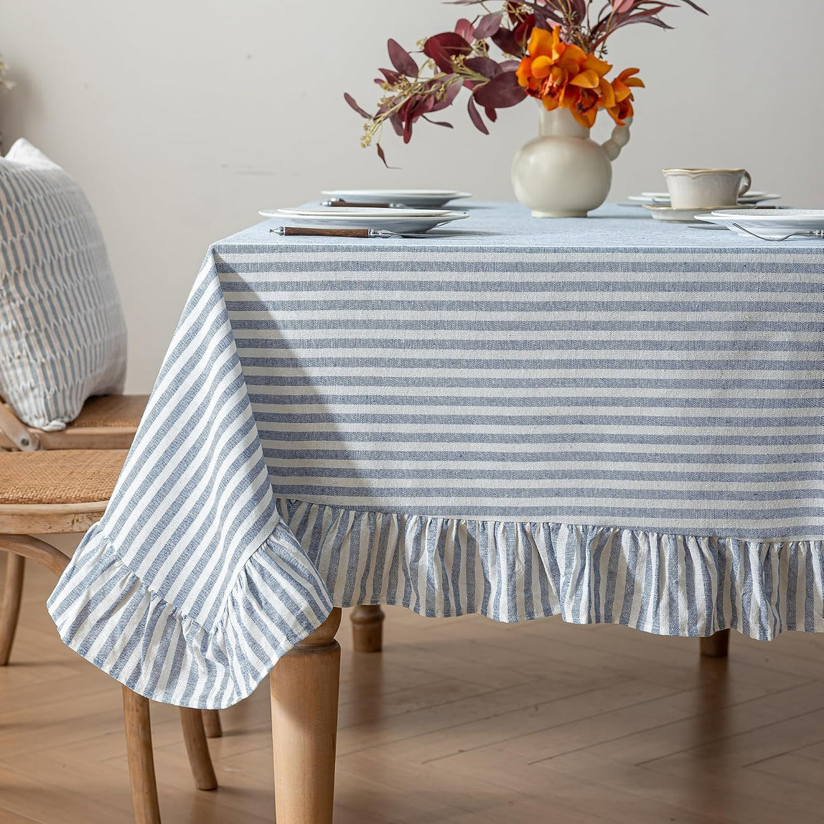 Striped Cotton Blend Tablecloth Ruffled Table Cloth Blue, 60"×120"