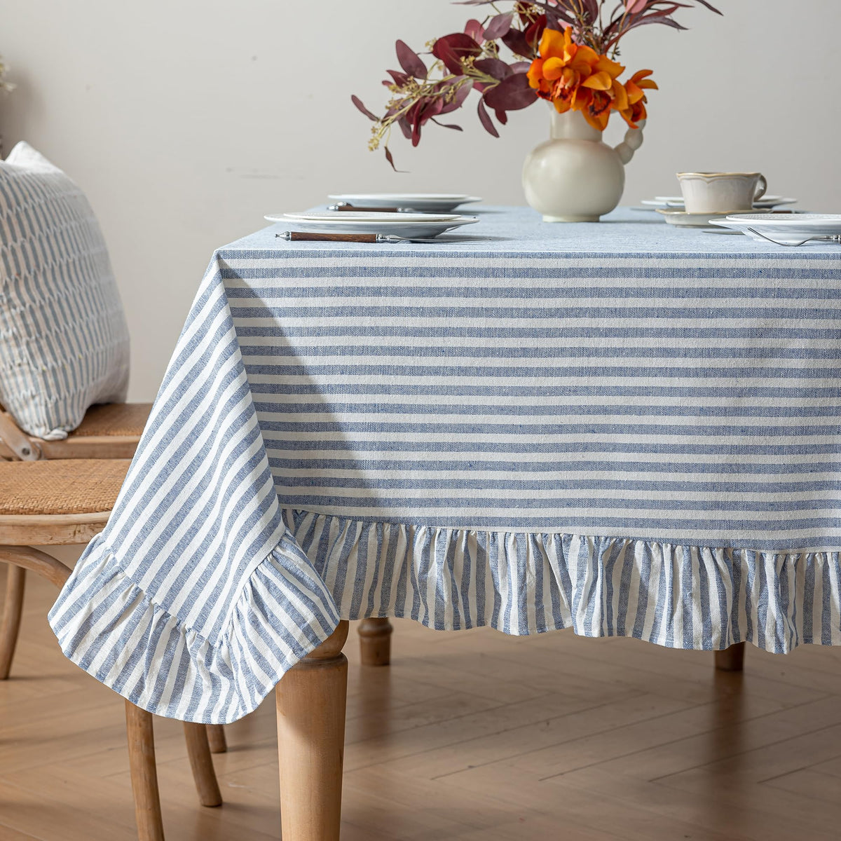 Striped Cotton Blend Tablecloth Ruffled Table Cloth Blue, 60"×120"