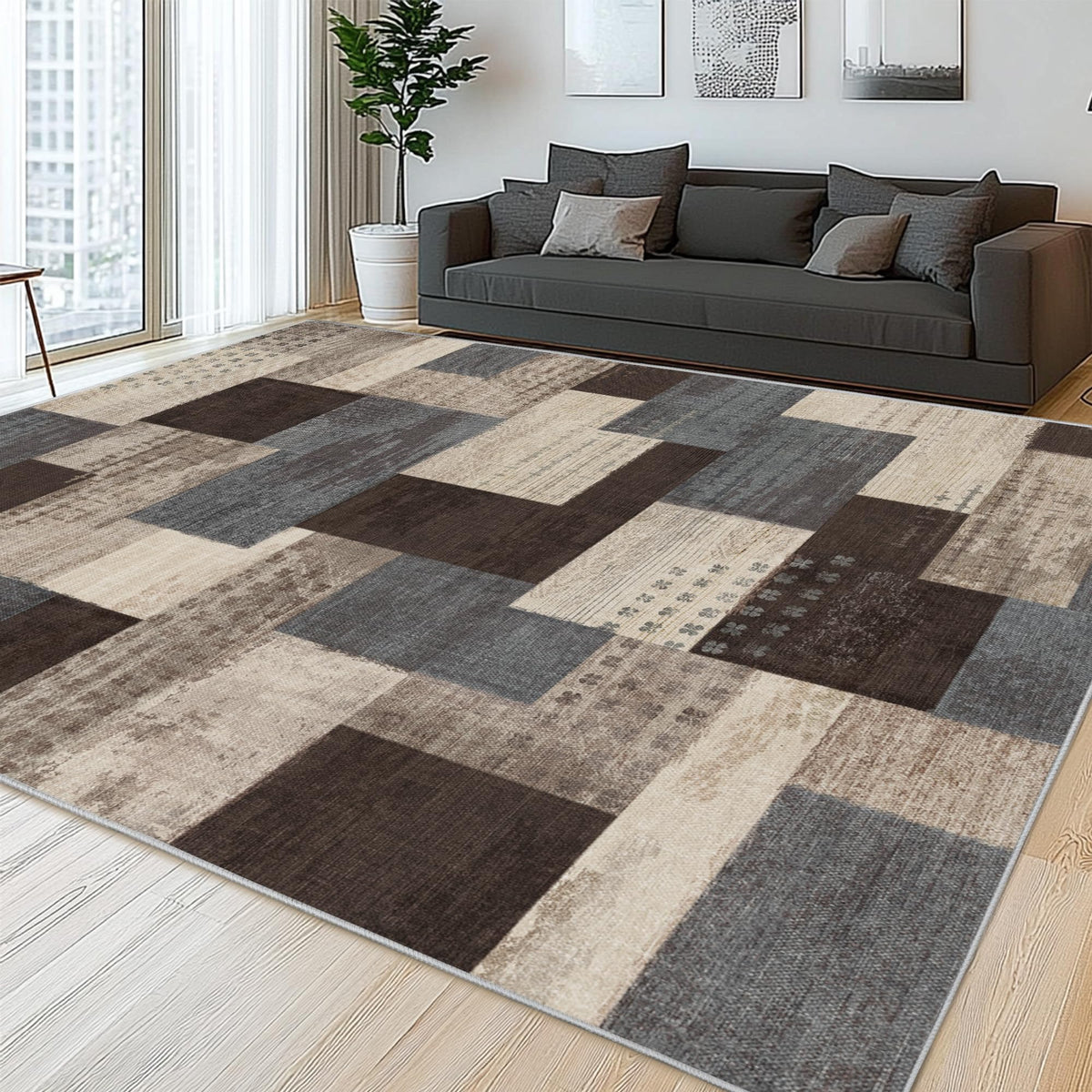 Modern Geometric Patchwork Indoor Area Rug for Living Room, Chocolate 5'x 7' Large Rug Rockwood Collection Hardwood Floors Decor for Bedroom, Brown Throw Carpet for Office Entryway Dining Room