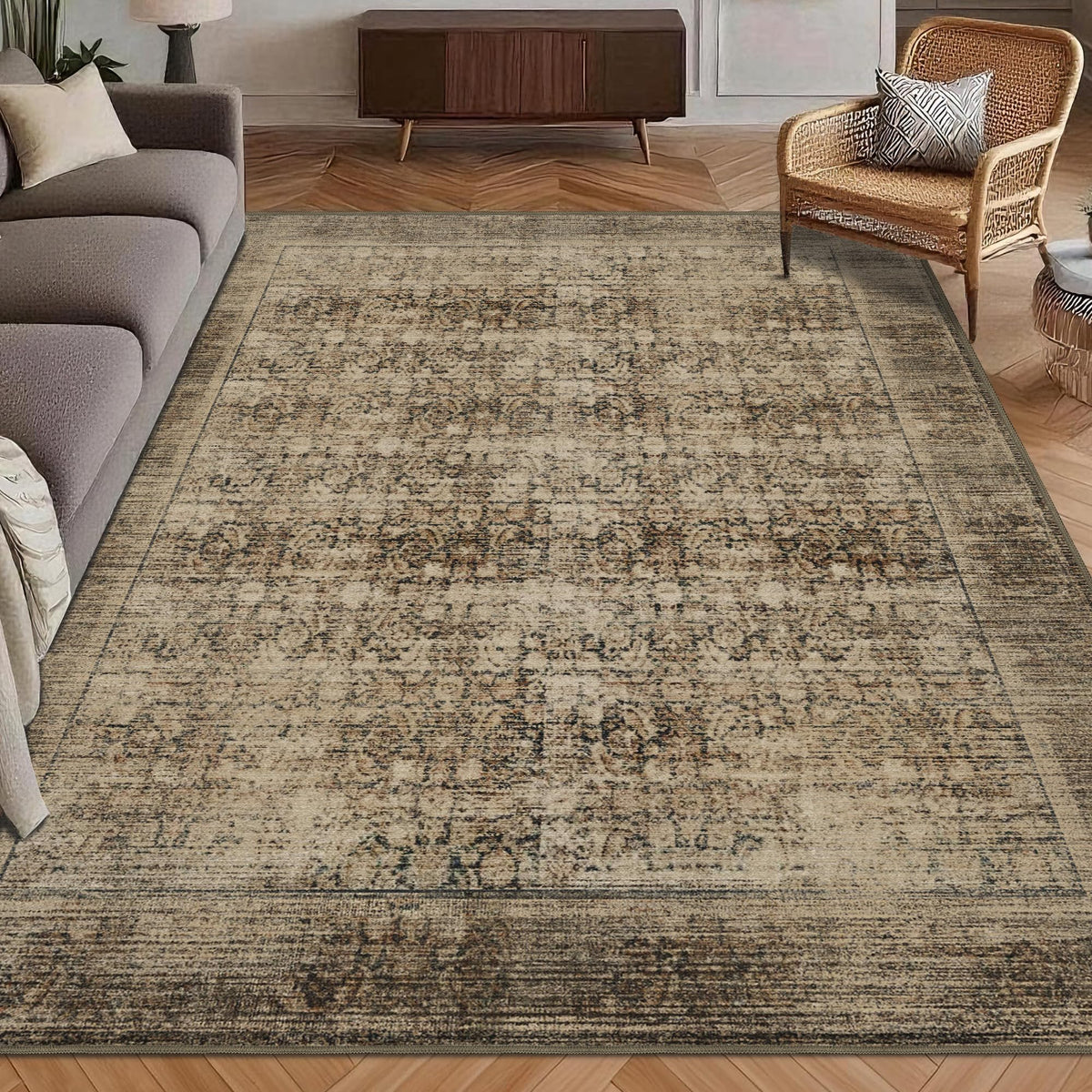 Washable Area Rug 5' x 7' Vintage Traditional Persian Mat - Foldable Distressed Non-Slip Machine Washable Carpet for Living Room Bedroom Kitchen Home Decor - Graphite and Mist