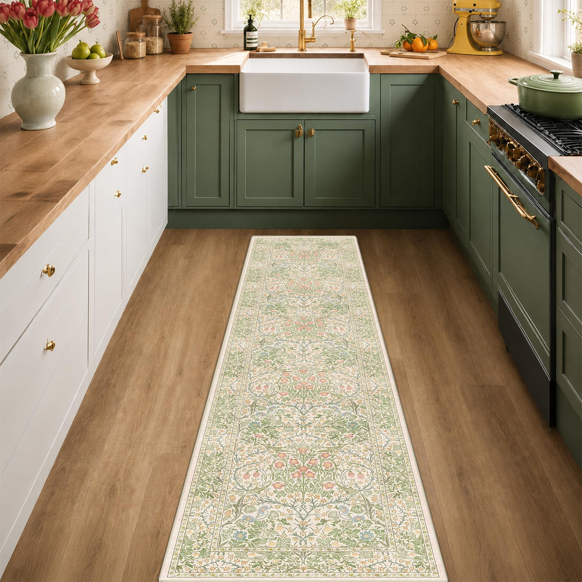 Vintage Floral Dark Green 3x5 Area Rugs for Entryway, Kitchen, Bedroom Beside Rug, Laundry Room, Non-Slip Low Pile Ultra Soft Stain Resistant Small Carpet