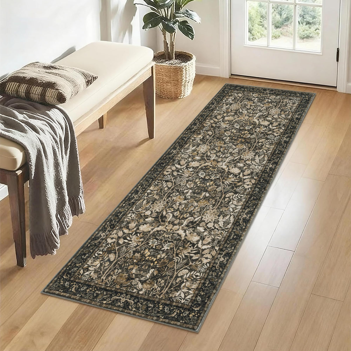 Vintage Botanical Area Rug 8x10: Floral Carpet Non-Slip - Dark Green