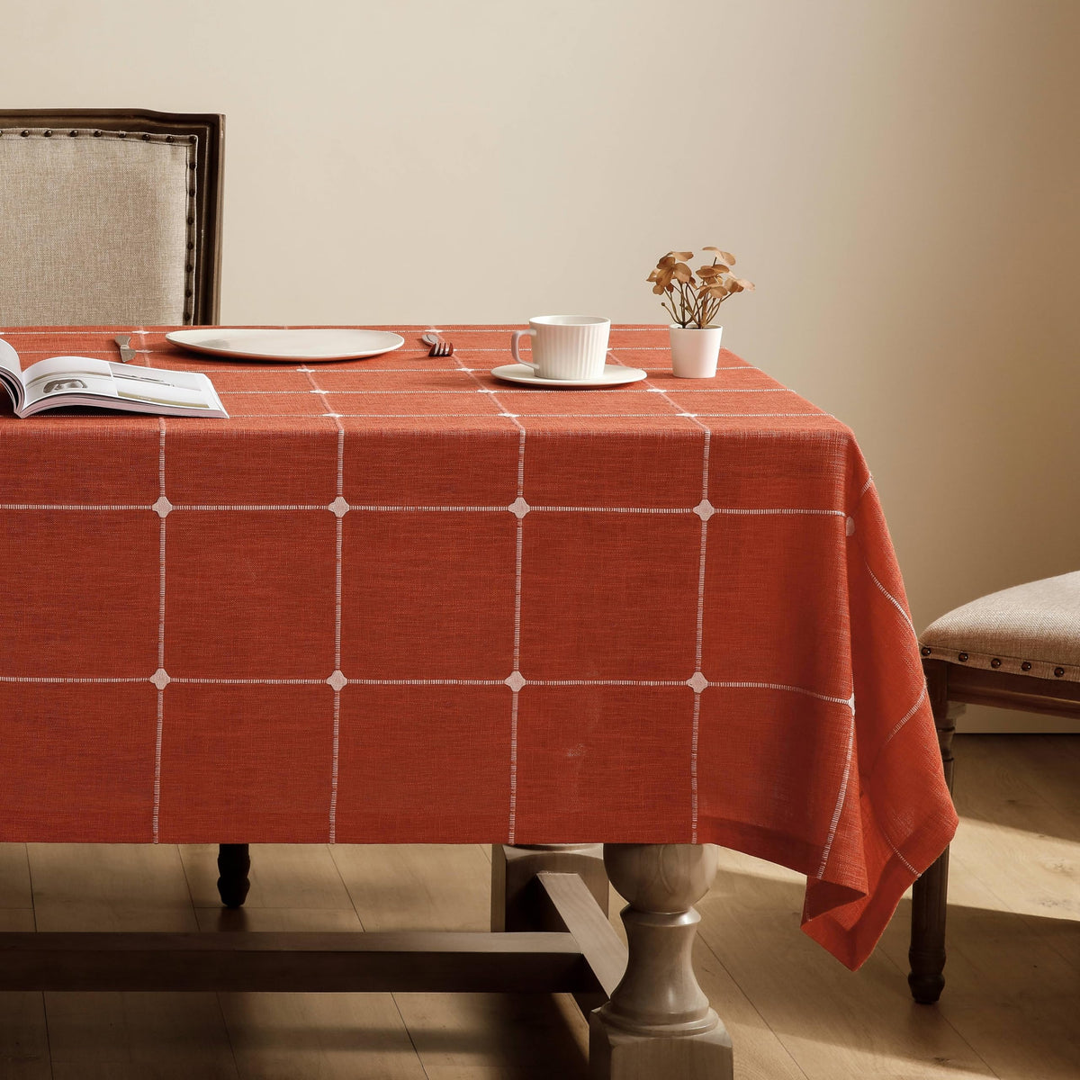 ZeeMart Grid Embroidered Rectangle Hemmed Tablecloths 60x120in, Blue