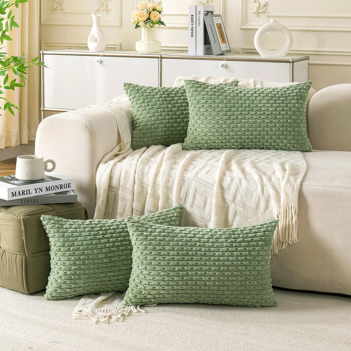 Set of 4 Neutral Decorative Throw Pillow Covers 18x18 Inch Corduroy Pillow Covers for Bed Couch Sofa Living Room Soft Square Cushion Cases