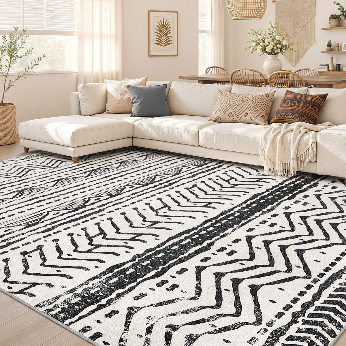 Nakagishi Boho 5x7 Area Rug Living Room Rugs Machine Washable Beige/Brown