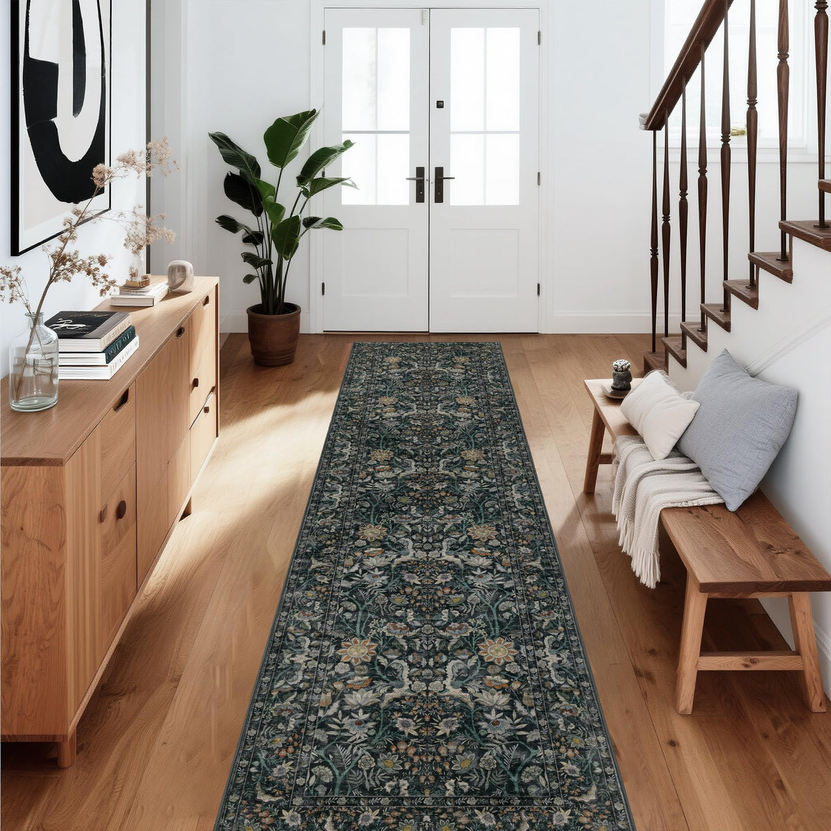 Vintage Botanical Area Rug 8x10: Floral Carpet Non-Slip - Dark Green