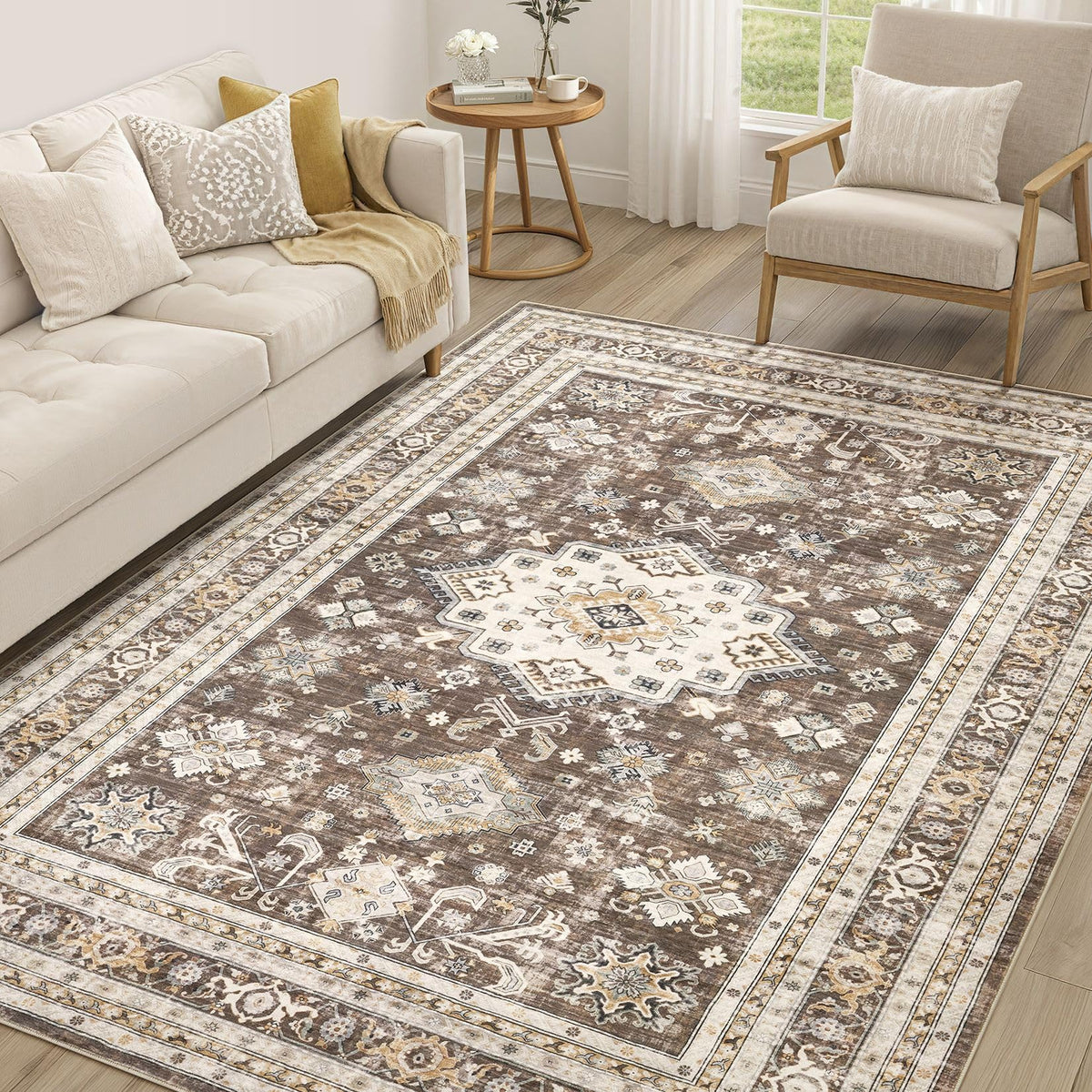 cotiled 5x7 Area Rug for Living Room, Washable, Traditional, Beige