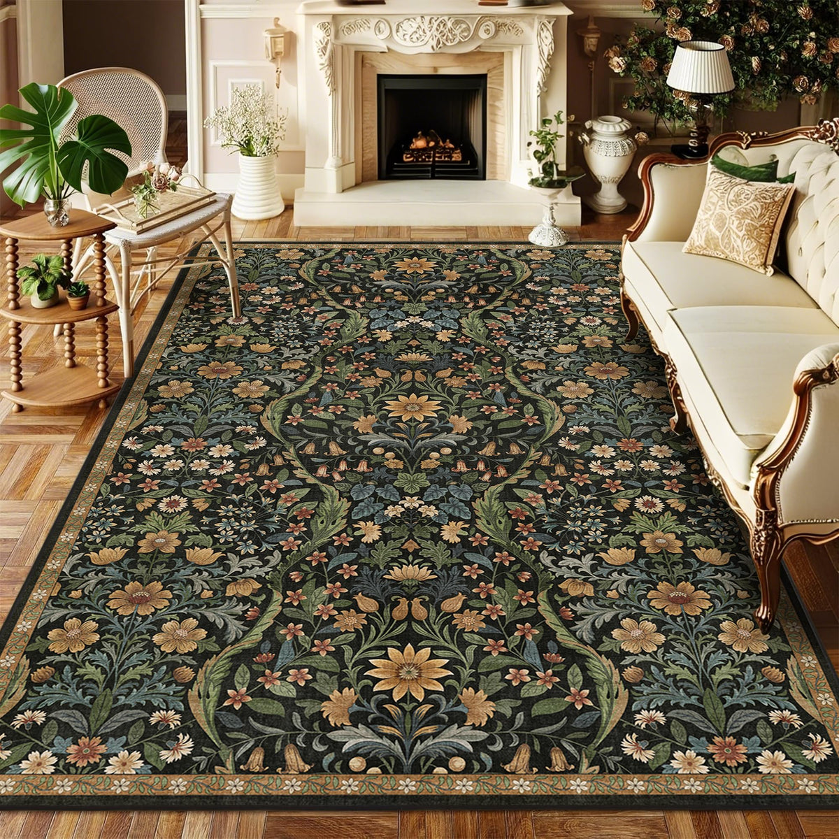 Floral Area Rug 5x7 Botanical Washable Carpet for Living Room