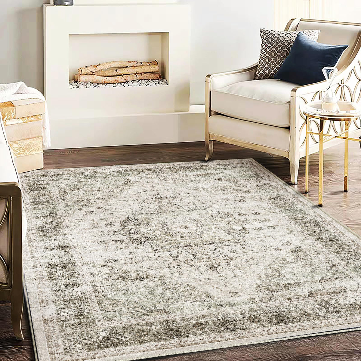 CHAMPLANT 6'x9' Washable Vintage Area Rug Boho Chic Medallion Distressed Design Non-Shedding Easy Care Ideal for High Traffic Areas in Living Room Bedroom Kitchen Office Large Carpet