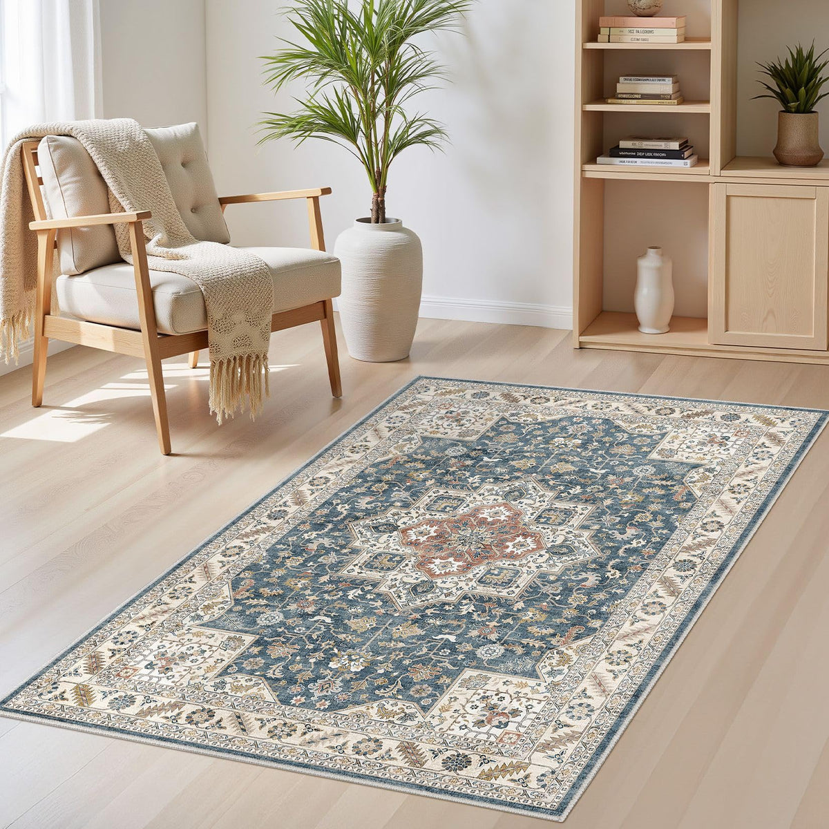 cotiled 5x7 Area Rug for Living Room, Washable, Traditional, Beige